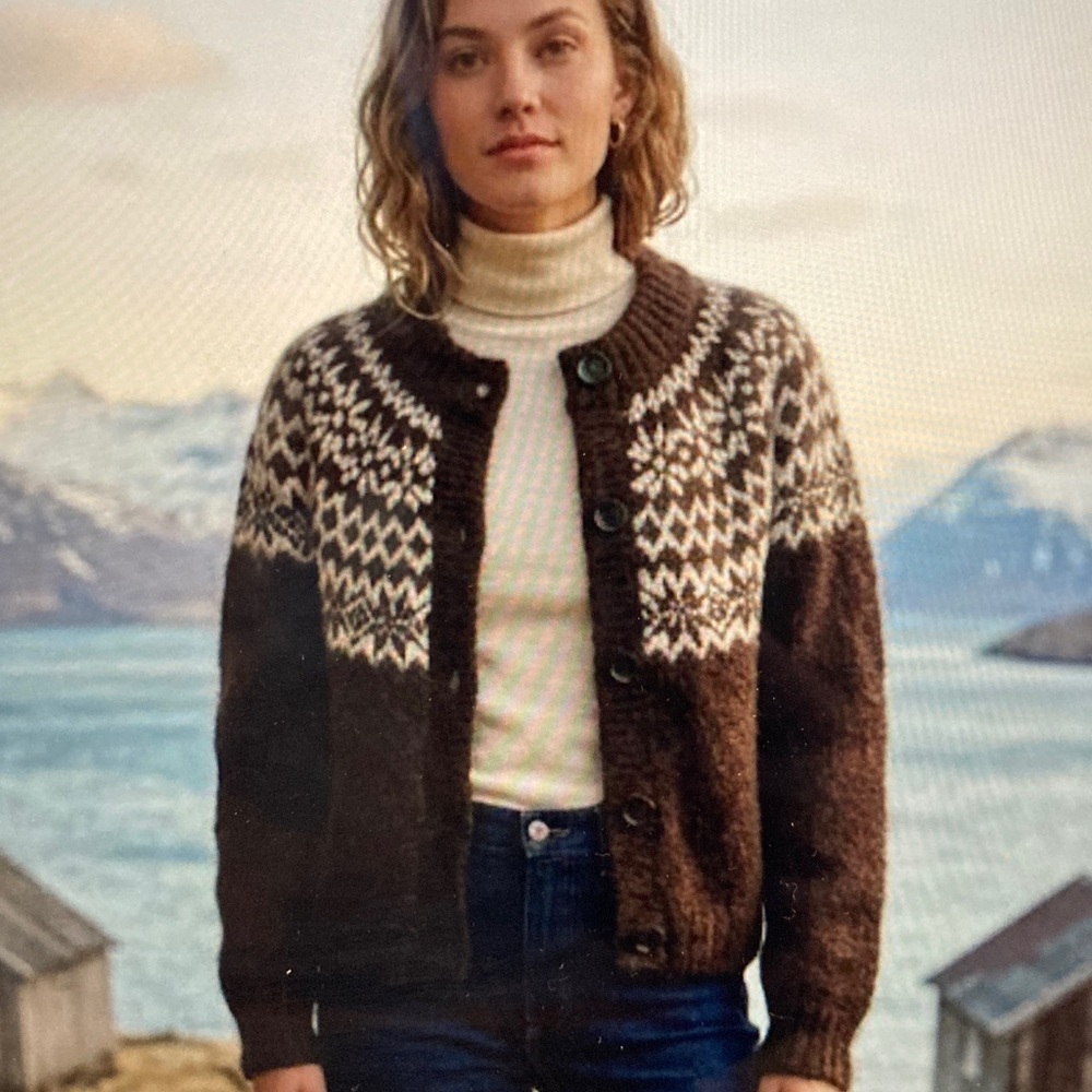 GAP Fuzzy Fair Isle Oversized Cardigan Sweater - Brown & White